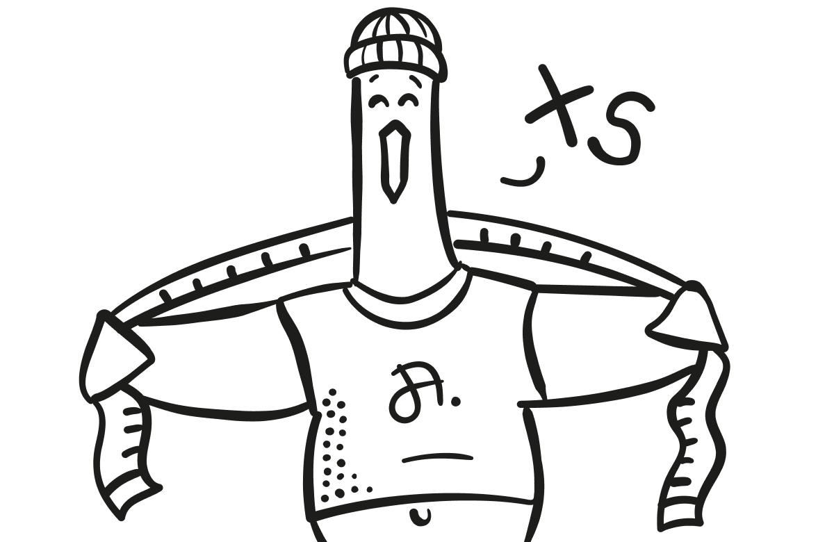 Eine illustrierte Möwe mit einem Maßband hinter dem Kopf, die ein zu kurzes T-Shirt trägt, sodass ihr Bauch durchblitzt. 