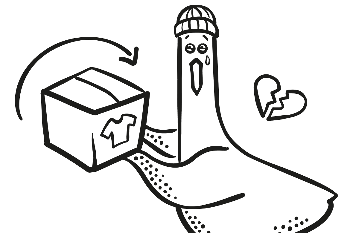 Eine illustrierte Möwe, mit tränenden Augen und gebrochenem Herz, da sie ein Retouren-Paket in ihren Flügeln hält. 