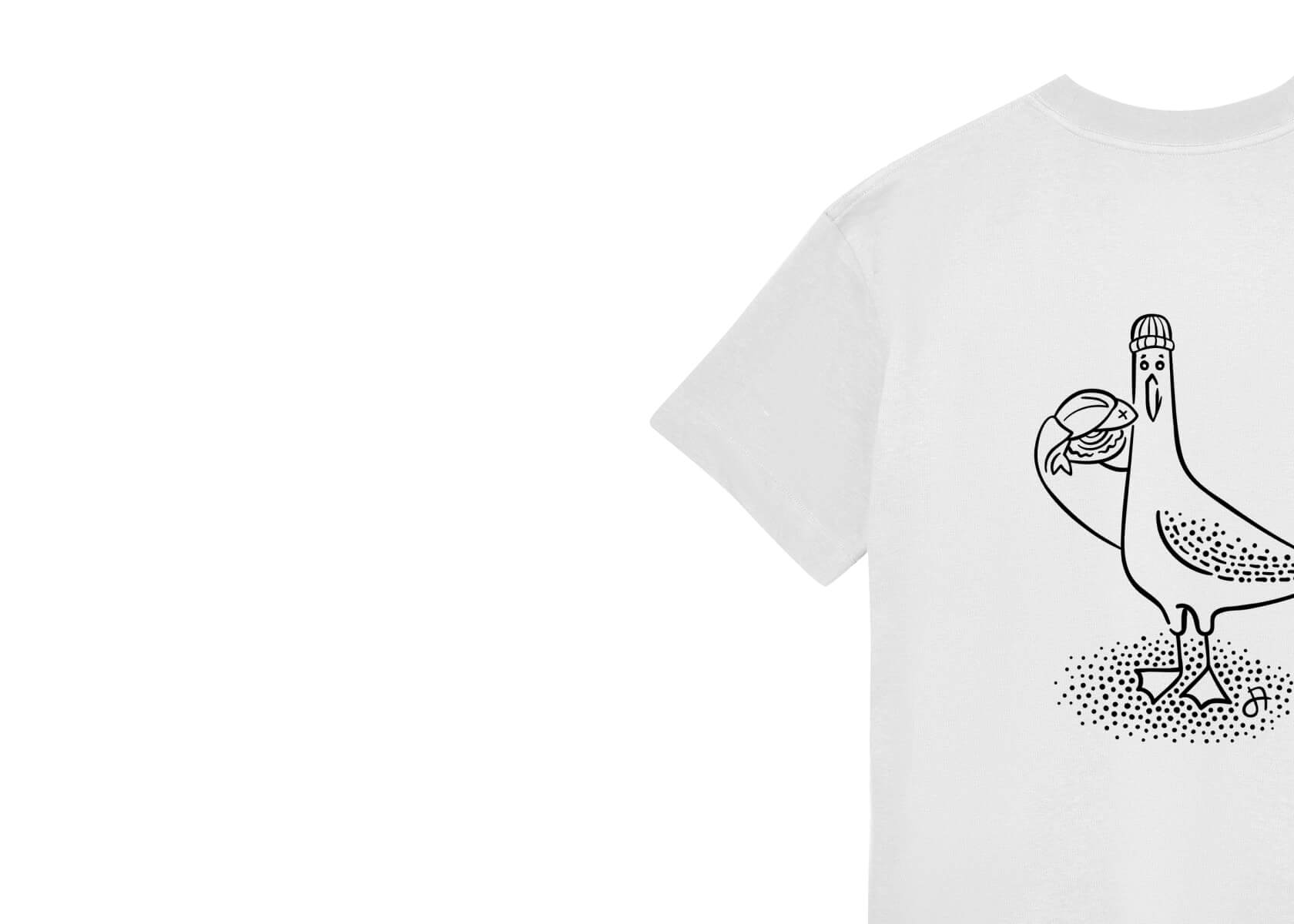 Weißes schweres Jersey Shirt von JA. Creations mit Möv (Möwen) Motiv. Schwarze Illustration.