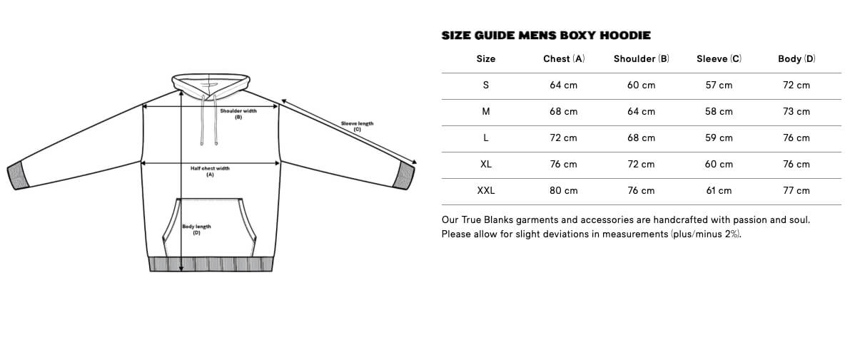 Größentabelle für Herren Hoodie Boxy