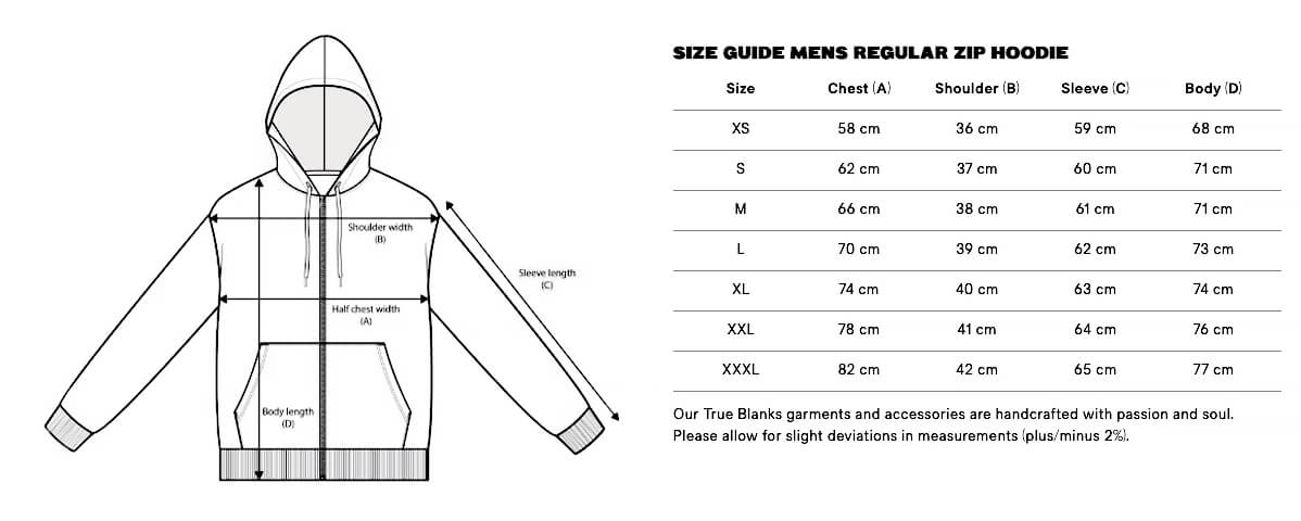 Größentabelle für Herren Zip Hoodie