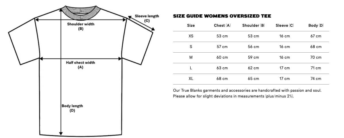 Größentabelle für Damen Oversized T-Shirt