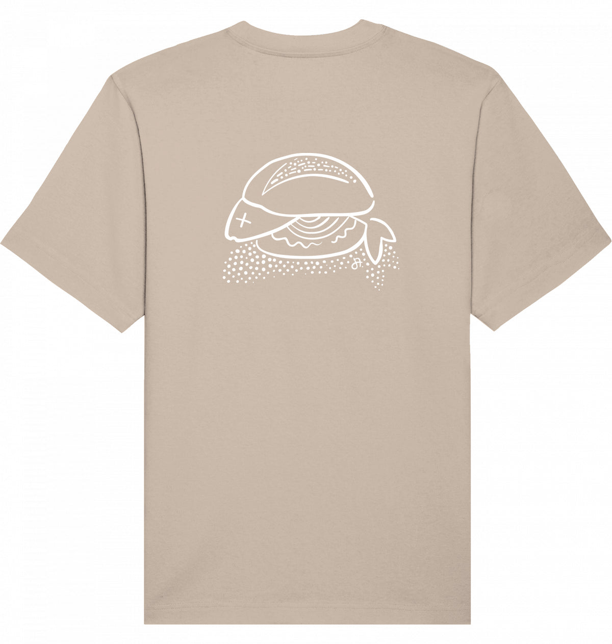 Beiges T-Shirt in Rückansicht mit weißem Fischbrötchen-Motiv