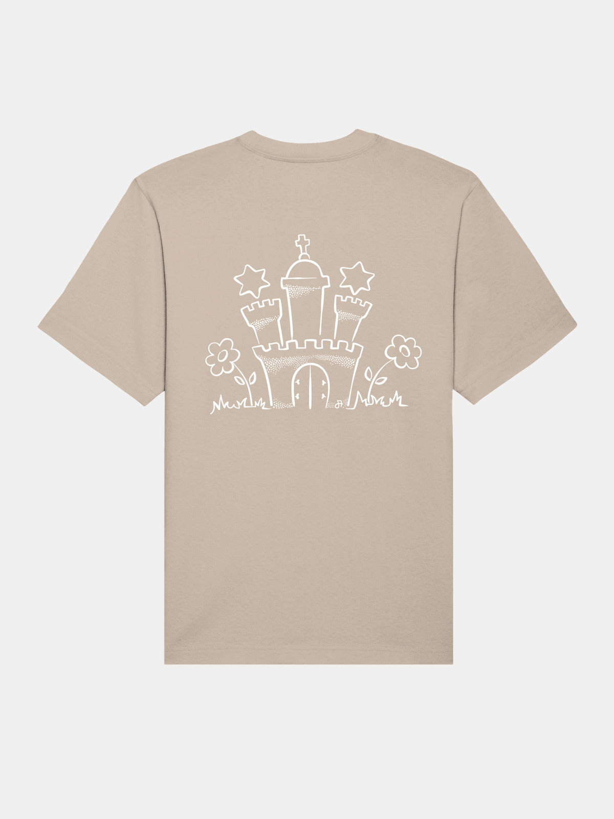Beiges T-Shirt mit weissem Schloss- und Blumen-Print auf der Rueckseite