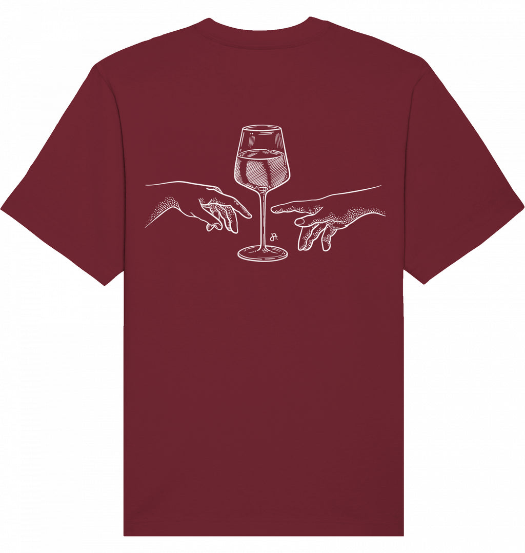 Bordeauxfarbenes T-Shirt mit weißem Weinglas- und Handmotiv auf der Vorderseite