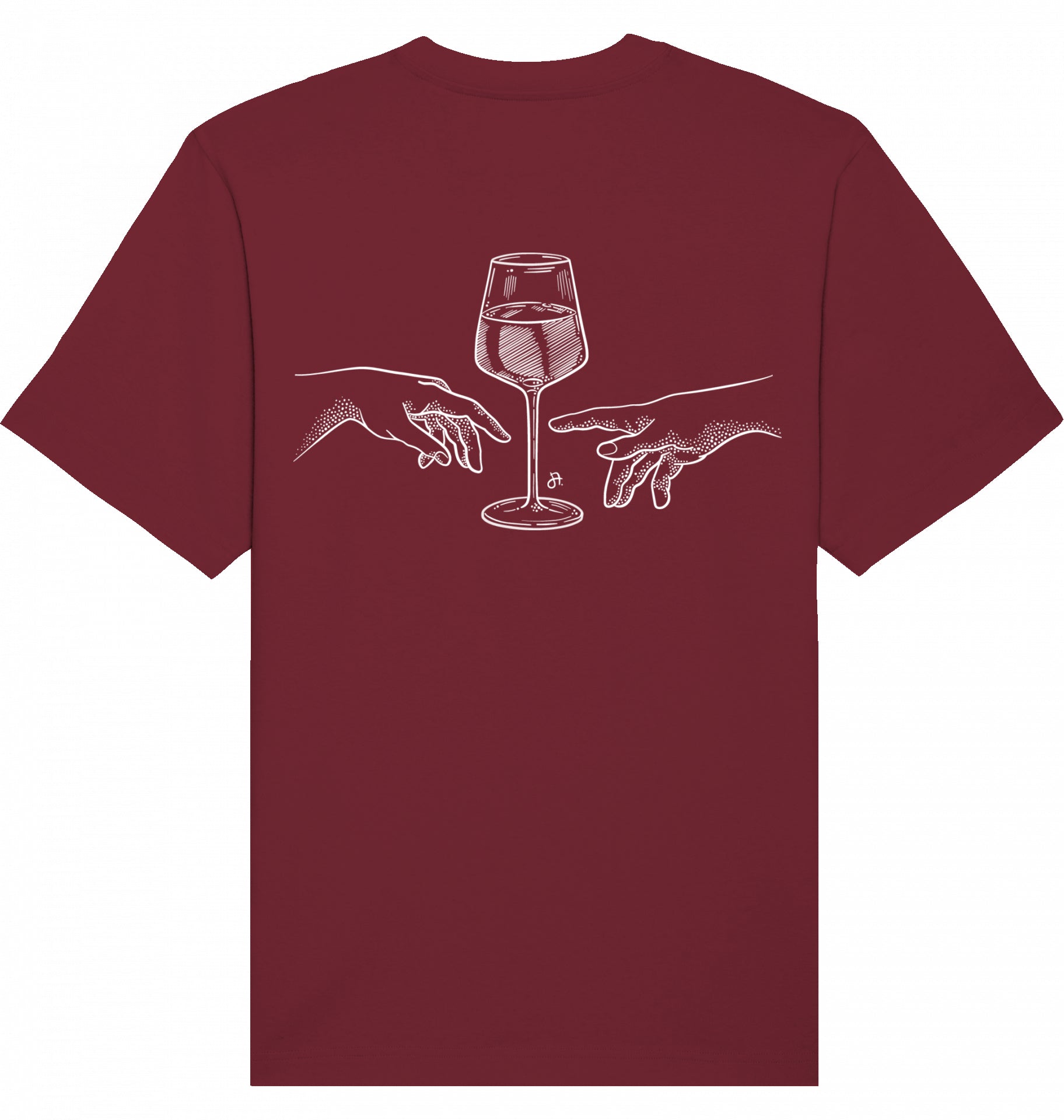Bordeauxfarbenes T-Shirt mit weißem Weinglas- und Handmotiv auf der Vorderseite