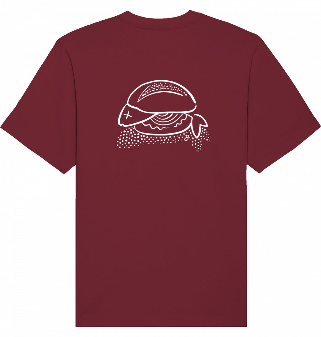 Bordeauxfarbenes T-Shirt mit weißem Fischbrötchen-Print auf der Vorderseite