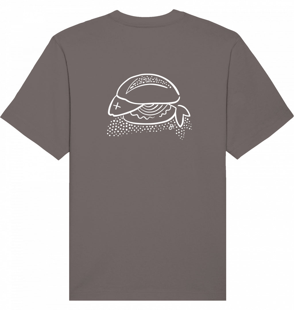 Braunes T-Shirt Rückseite mit weißem Fischbrötchen-Print