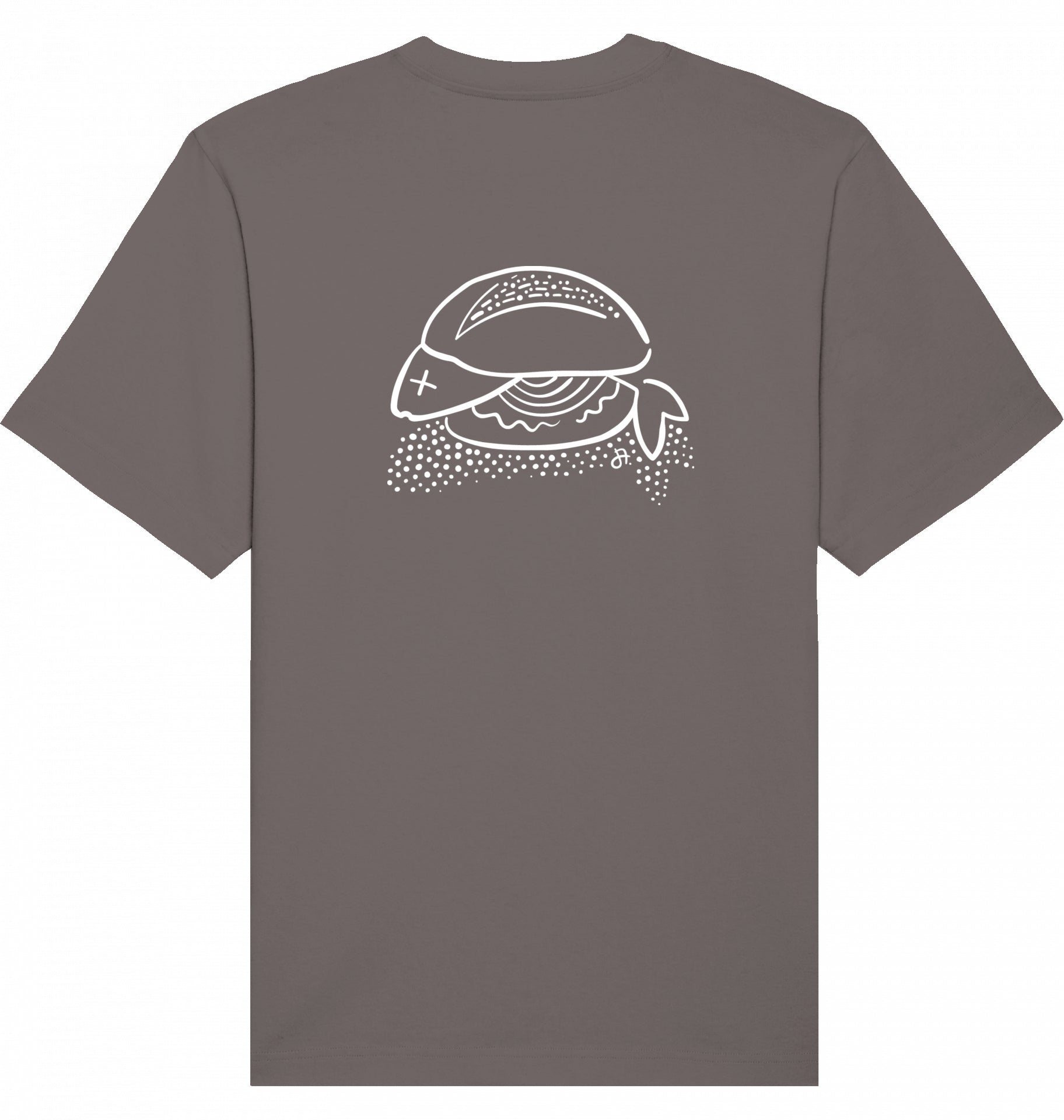 Braunes T-Shirt Rückseite mit weißem Fischbrötchen-Print