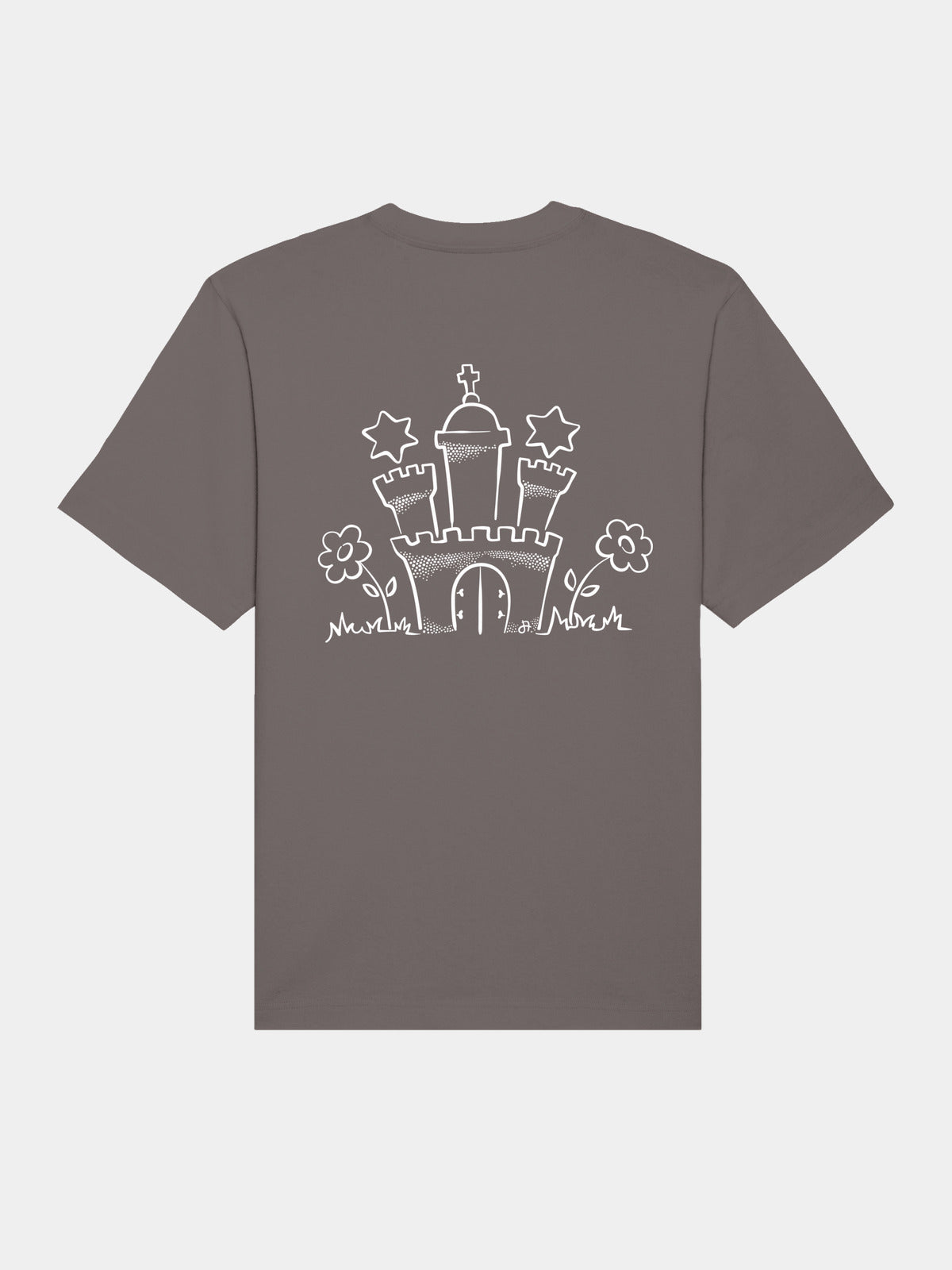 Braungraues T-Shirt in Frontansicht mit weißem Burg-Motiv und Blumen.