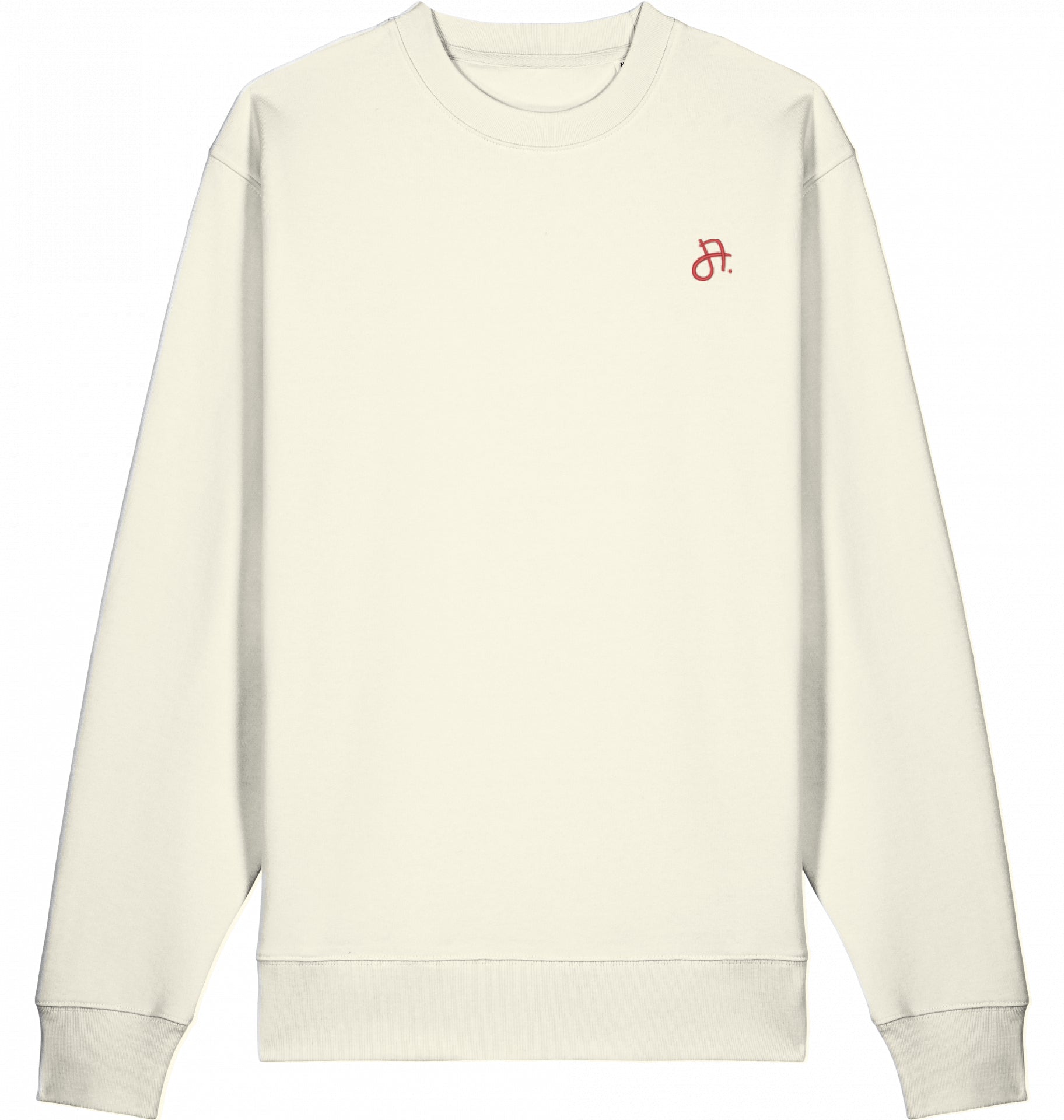 Cremefarbener Sweater von vorn mit kleinem Logo-Print