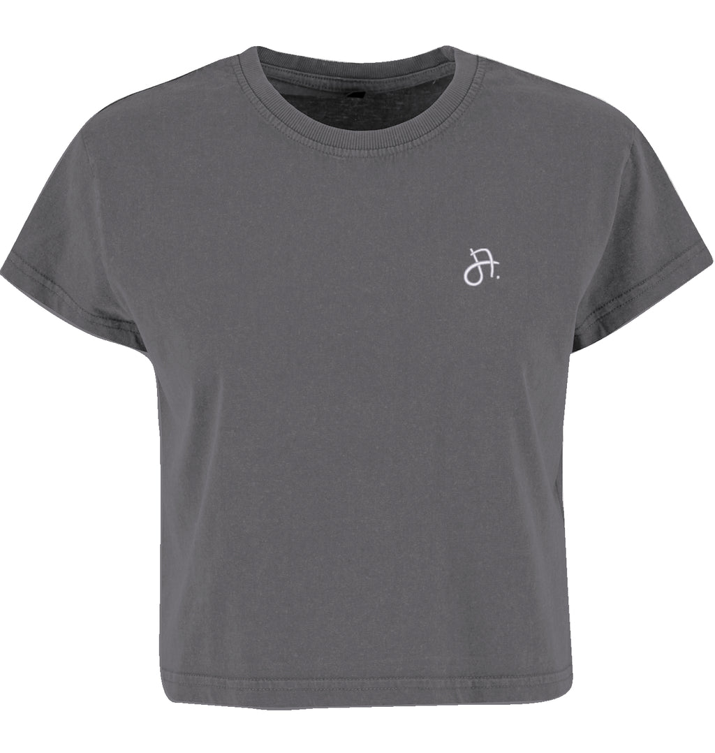 Crop-Top dunkelgrau mit kleinem weißem Handschrift-Logo J. auf linker Brust, Vorderansicht
