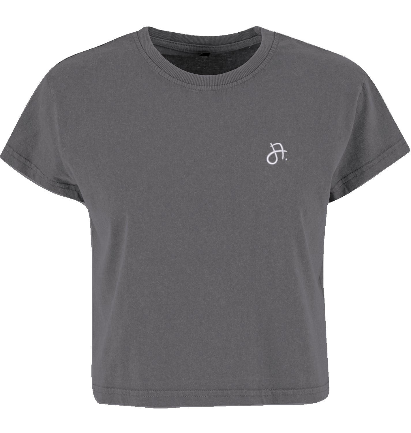 Crop-Top dunkelgrau mit kleinem weißem Handschrift-Logo J. auf linker Brust, Vorderansicht