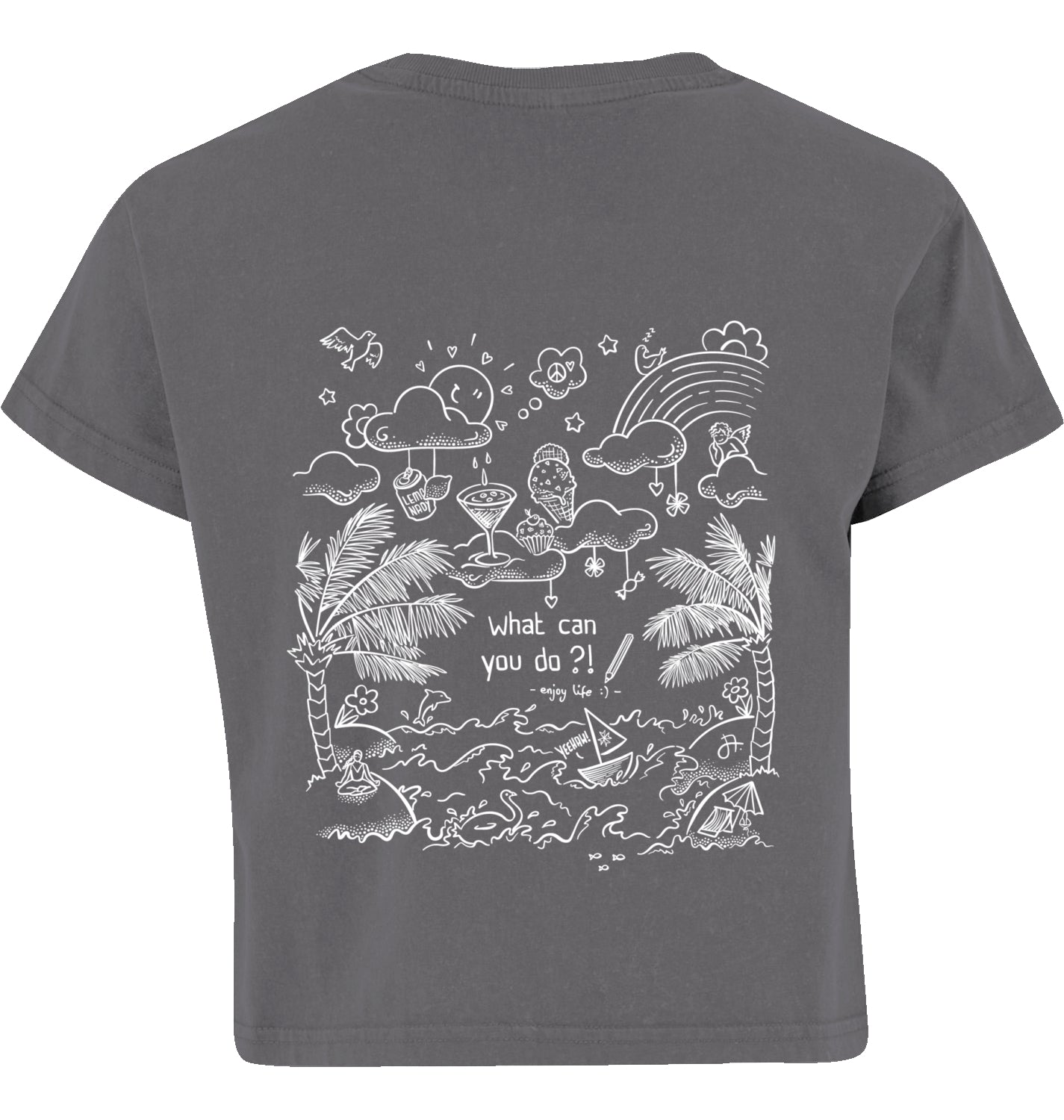 graues crop-top, rückansicht, weiße handgezeichnete strand- und wolkenillustration mit text what can you do?!