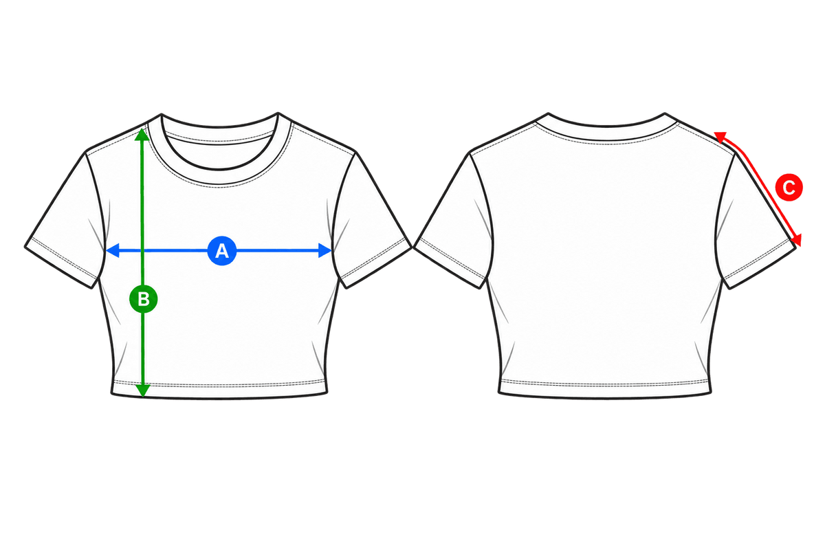 Messskizze für Damen Crop Top: A Brustweite, B Länge, C Ärmellänge