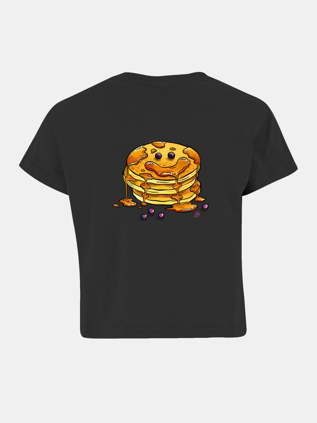 schwarzes Crop-Top, Rückansicht mit gelbem Pfannkuchen-Stack mit grinsendem Gesicht, Sirup und Blaubeeren