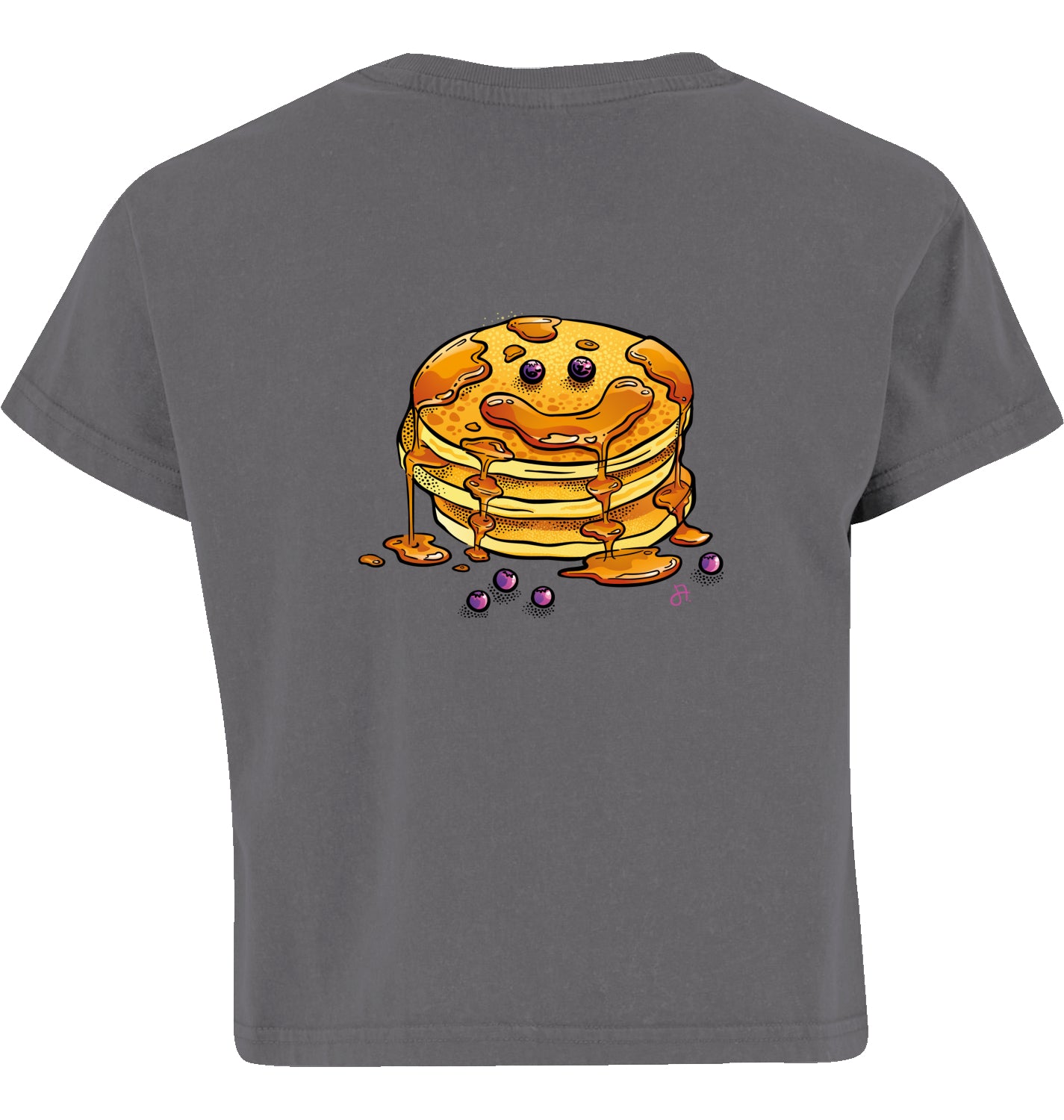 graues Crop-Top, Rückseite mit fröhlichem Pfannkuchen-Stapel, Sirup und Blaubeeren