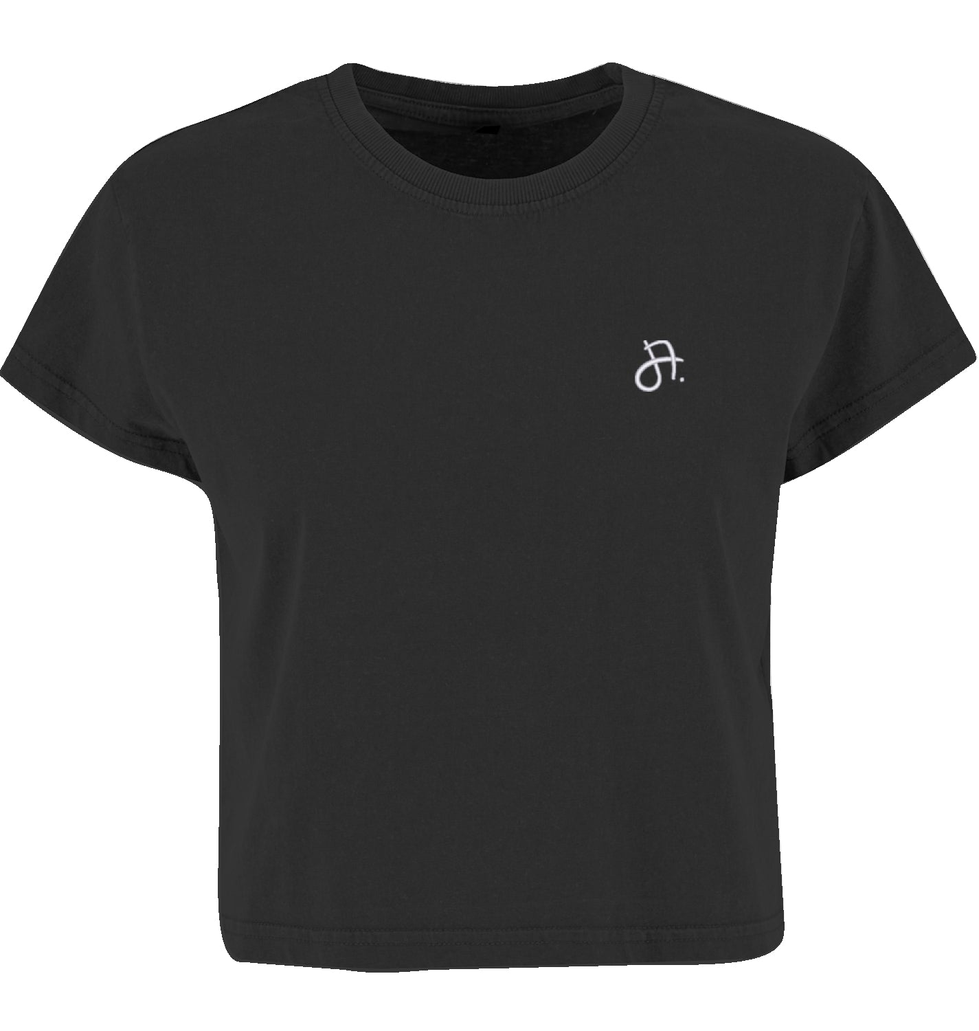 schwarzes Crop-Top mit kleinem weißem Monogramm links auf der Brust, Vorderansicht
