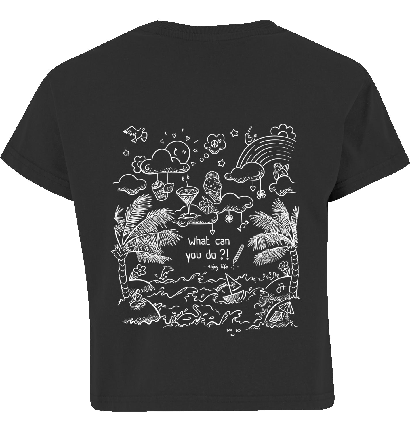 schwarzes Crop-Top Rückansicht mit weißer Doodle-Strandillustration und Schriftzug what can you do?!