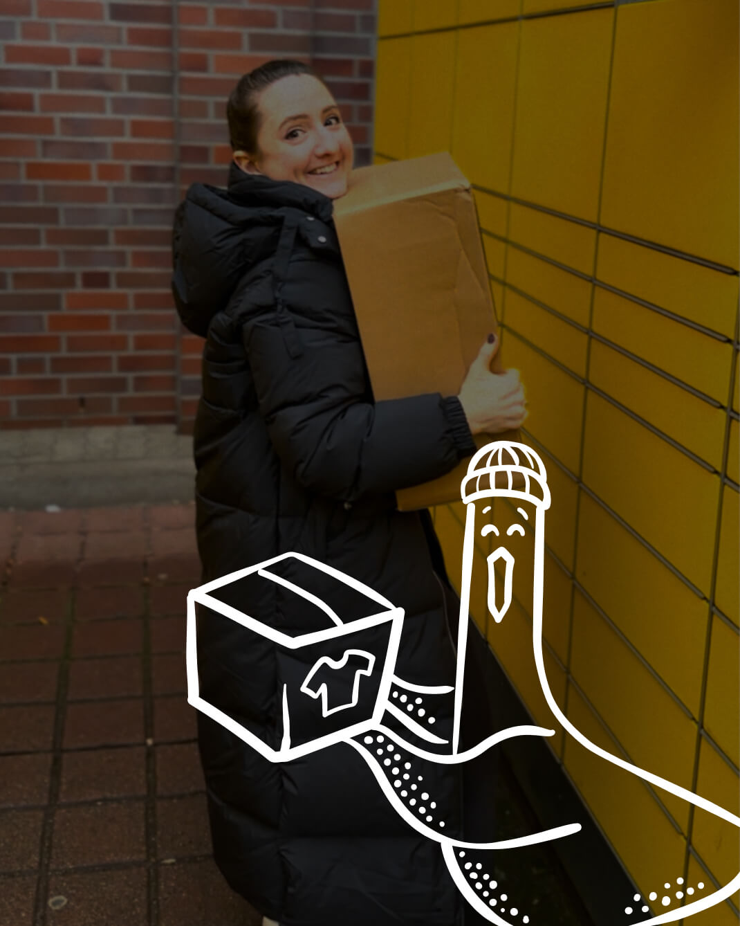 Abgedunkeltes Bild: Kunde mit Paket von JA. Creations in den Armen, davor eine weiß illustrierte Möwe auch mit Paket. 
