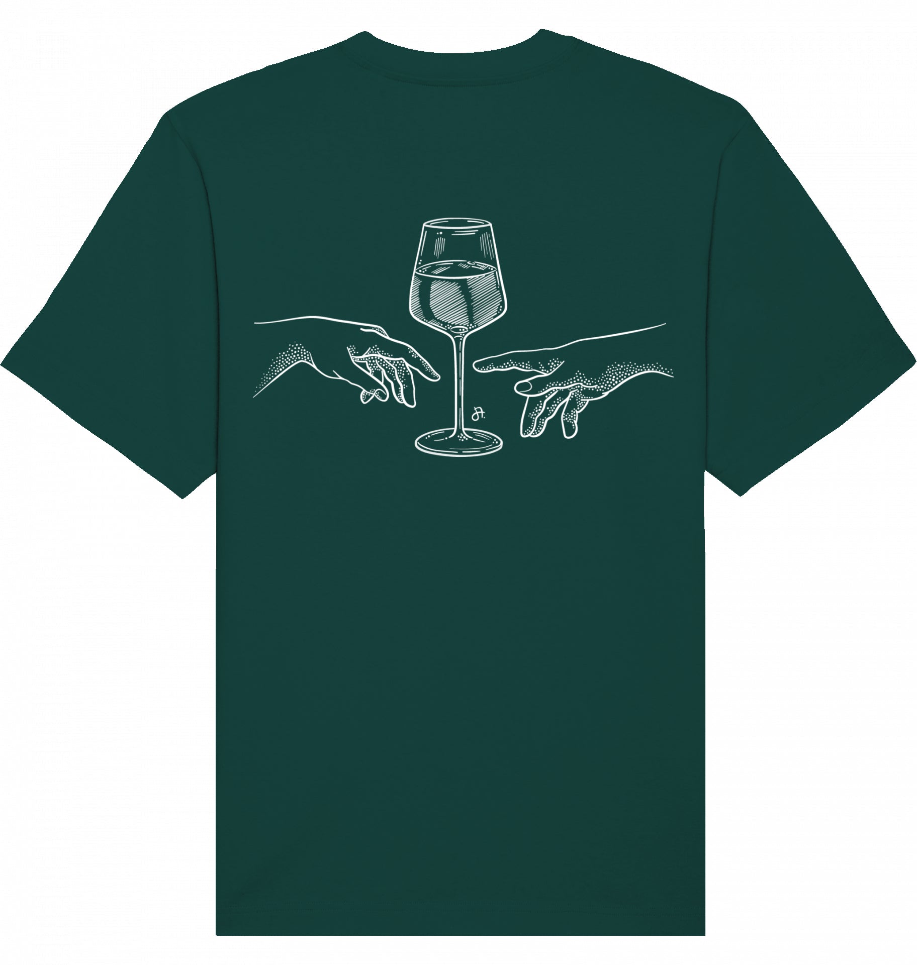 Dunkelgruenes T-Shirt mit weissem Motiv aus Weinglas und zwei Haenden