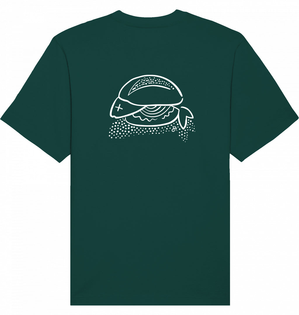 Dunkelgruenes T-Shirt mit weisser Fischbroetchen-Illustration auf dem Ruecken