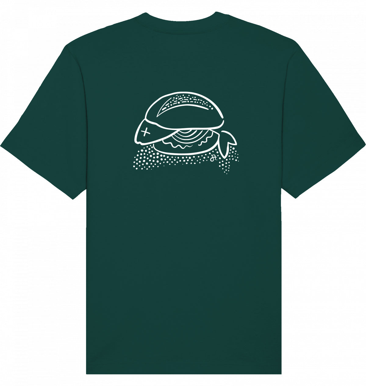 Dunkelgruenes T-Shirt mit weisser Fischbroetchen-Illustration auf dem Ruecken