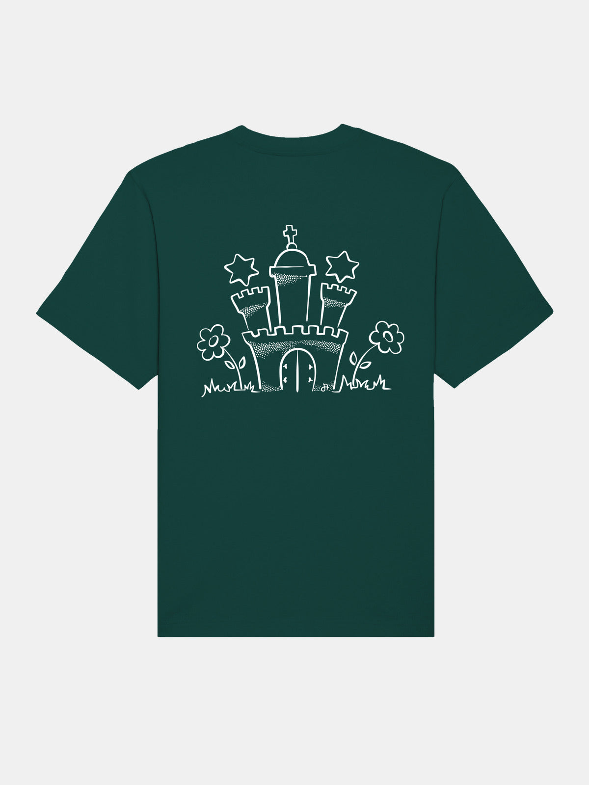 Dunkelgruenes T-Shirt Vorderseite mit weisser Schloss-Grafik und Blumen