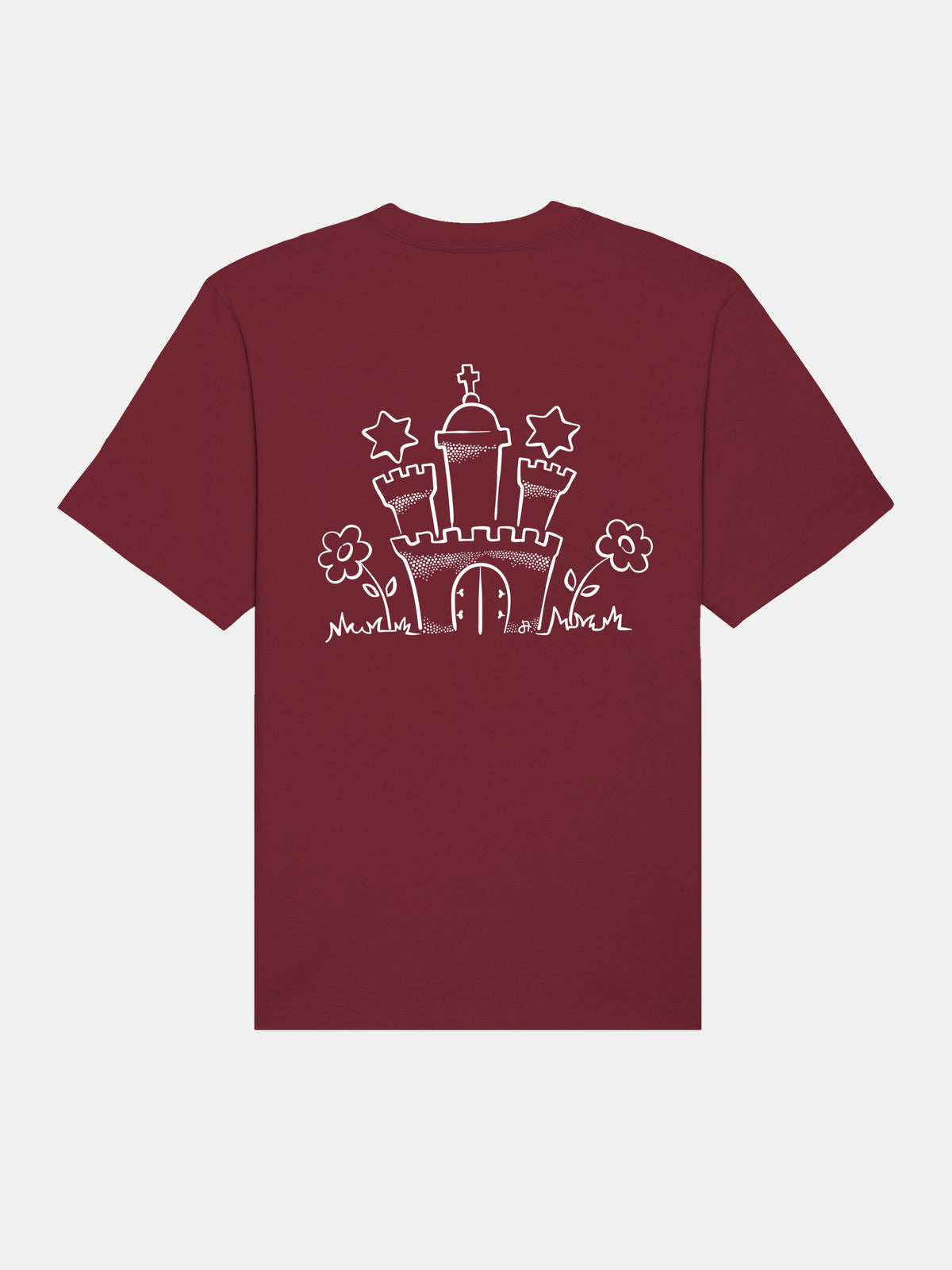 Dunkelrotes T-Shirt vorne mit weißem Schlossmotiv, Sternen und Blumen
