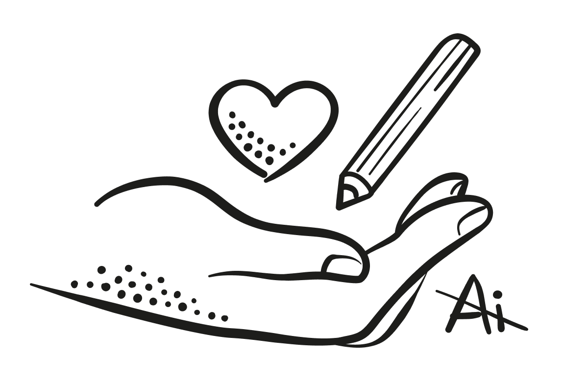 Illustrierte Hand mit einem Herz und einem Bleistift. Steht für handgemacht, mit Herz ohne KI.