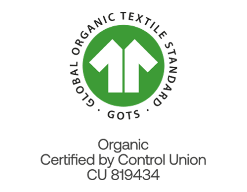 GOTS-Zertifizierungslogo mit grünem Kreis und Pfeilsymbol, darunter Organic Certified by Control Union CU 819434