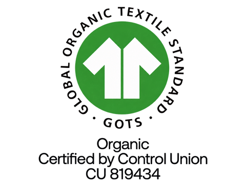 GOTS-Zertifizierungslogo mit grünem Kreis und Pfeilsymbol, darunter Organic Certified by Control Union CU 819434