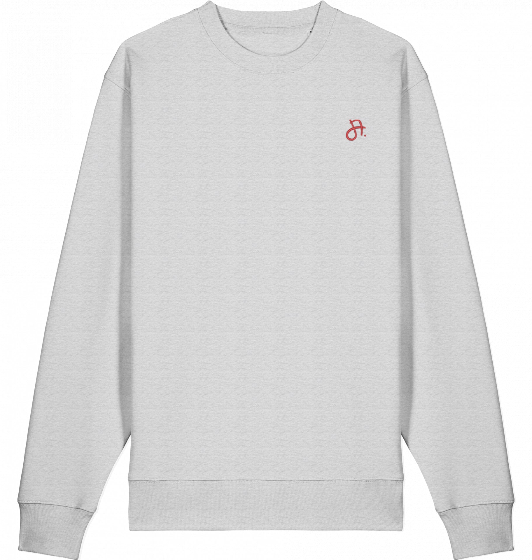 Hellgrauer Sweater in Frontansicht mit kleinem roten Logo-Print auf der Brust.