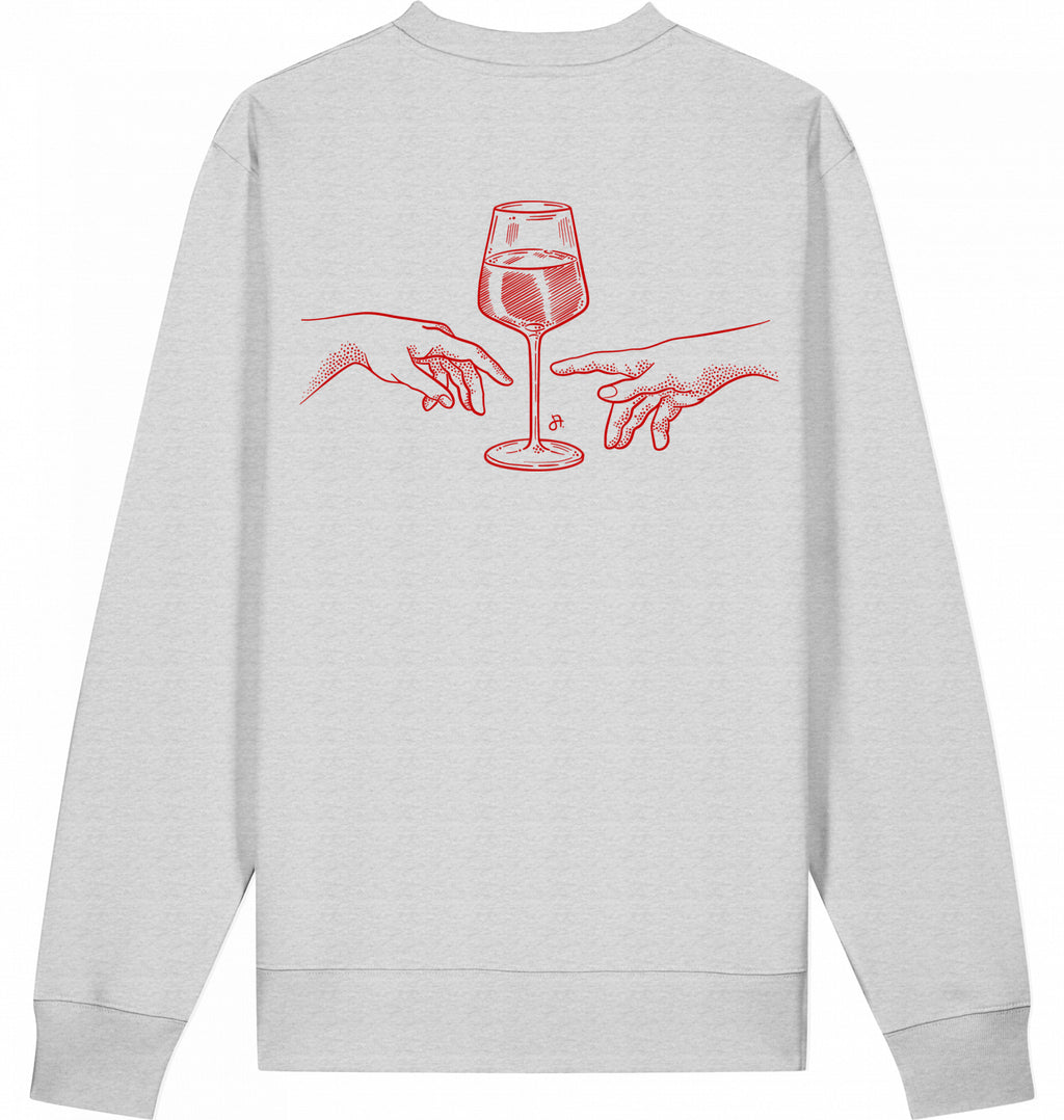 Hellgrauer Sweater mit rotem Motiv aus Weinglas und zwei Händen auf der Rückseite.