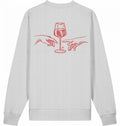 Hellgrauer Sweater mit rotem Motiv aus Weinglas und zwei Händen auf der Rückseite.