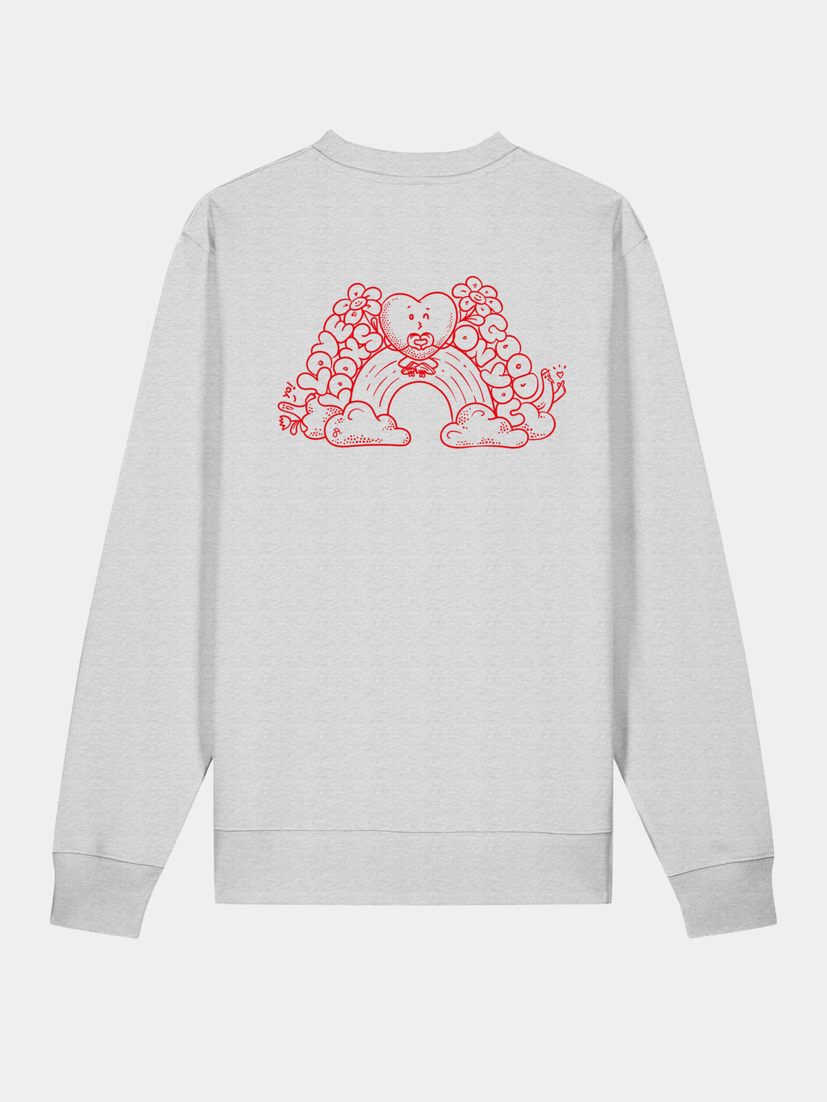 Hellgraues Sweatshirt in Rückansicht mit rotem Herz- und Blumenprint