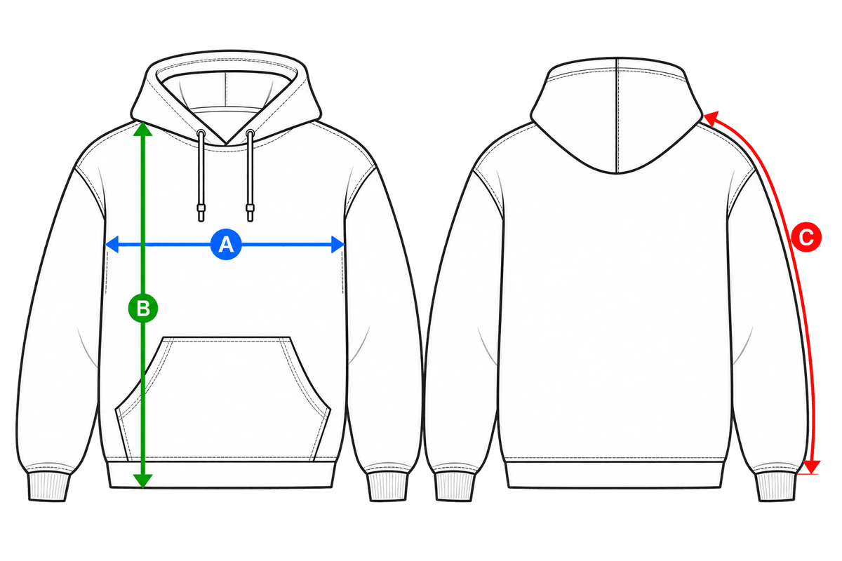 Messskizze für Unisex Heavy Hoodie – Box Fit: A Brustweite, B Länge, C Ärmellänge