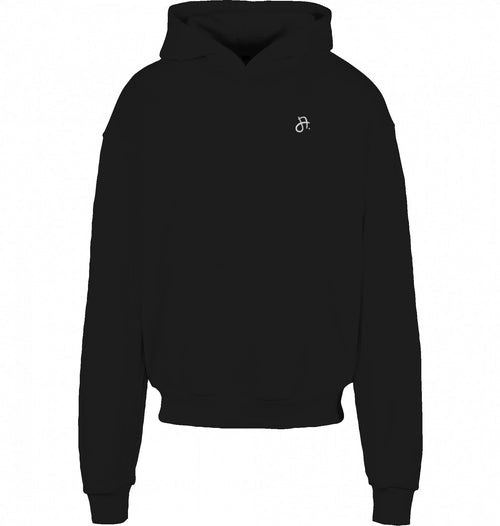 schwarzer Hoodie, Vorderansicht, kleines weißes JA-Logo auf linker Brust