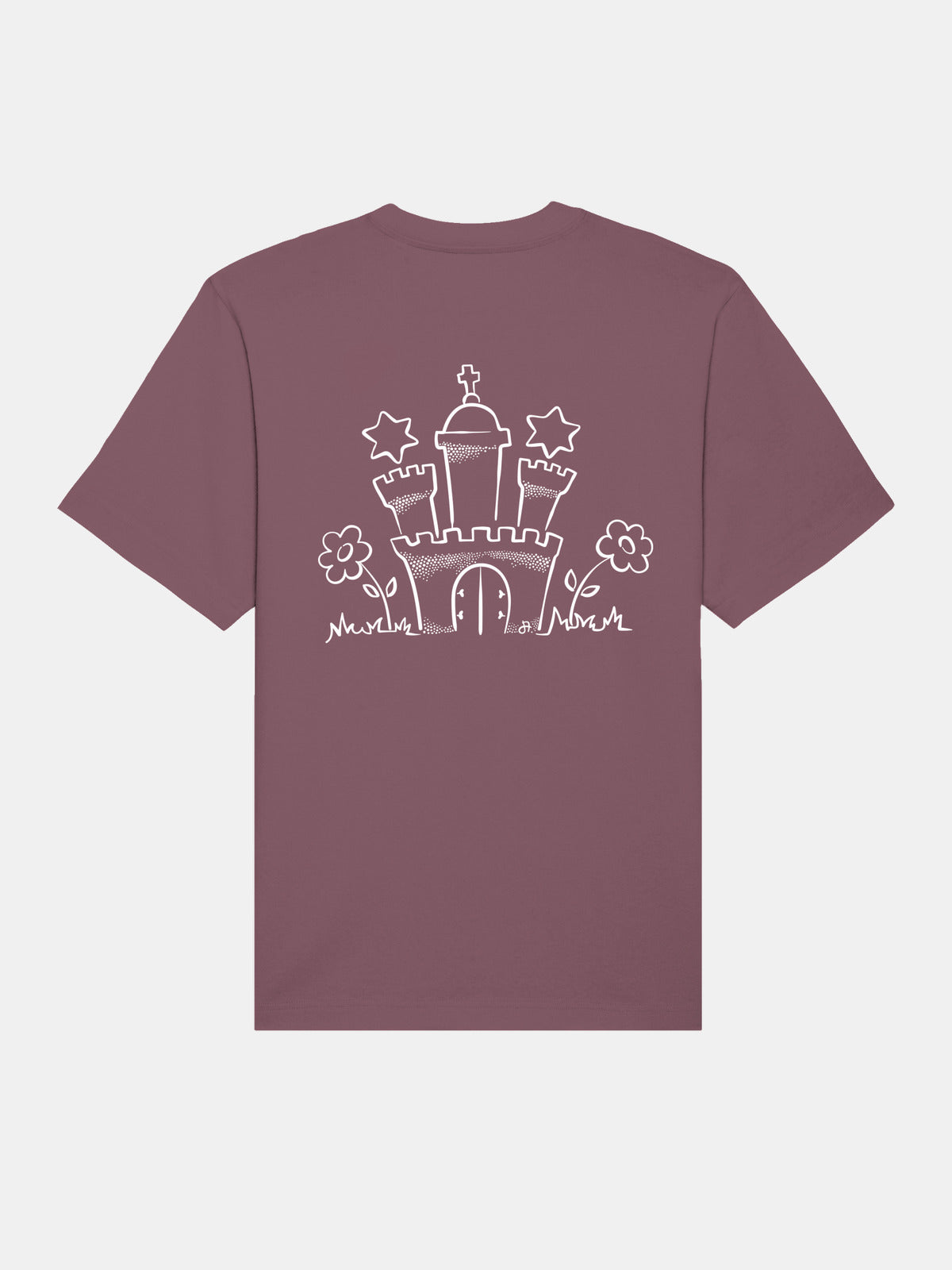 Mauves T-Shirt mit weißem Schlossmotiv, Blumen und Sternen auf der Vorderseite