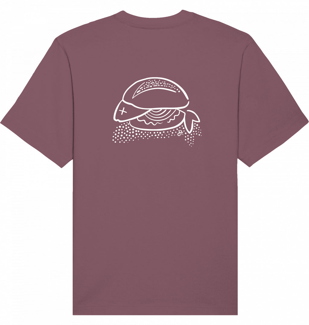 Mauves T-Shirt mit weißem Fischbrötchen-Motiv auf der Vorderseite