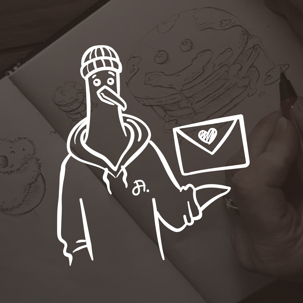 Illustration einer Möwe im Hoodie mit Briefumschlag.