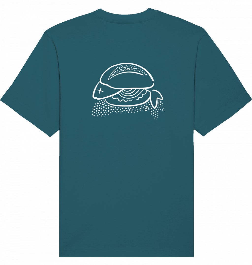 Petrolfarbenes T-Shirt in Rückansicht mit weißem Fischbrötchen-Print auf dem Rücken