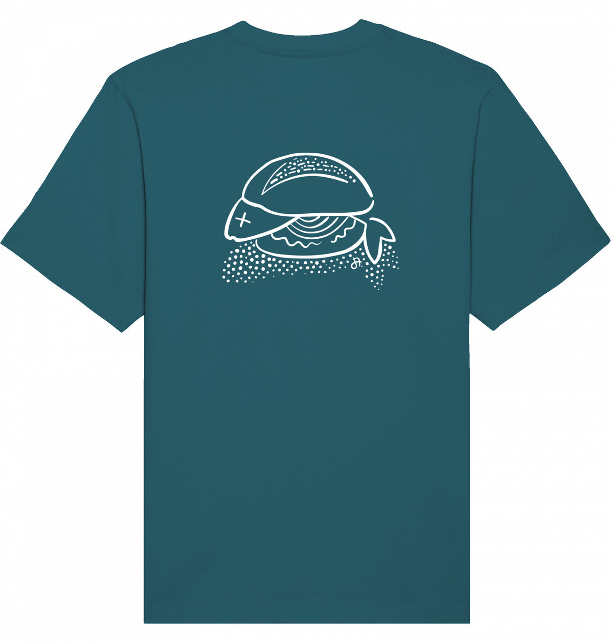 Petrolfarbenes T-Shirt in Rückansicht mit weißem Fischbrötchen-Print auf dem Rücken