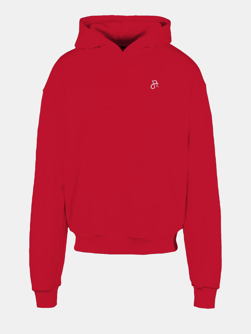Roter cropped Hoodie, Vorderansicht, kleine weiße Stickerei auf linker Brust, Kapuze und Kängurutasche