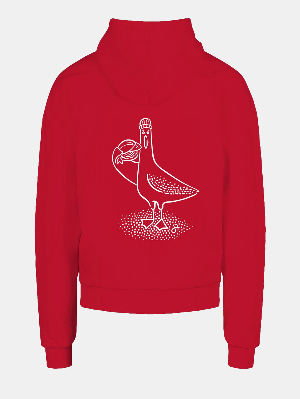 Roter Hoodie, Rückenansicht mit weißer Möwe (Møv) mit Mütze und Fisch