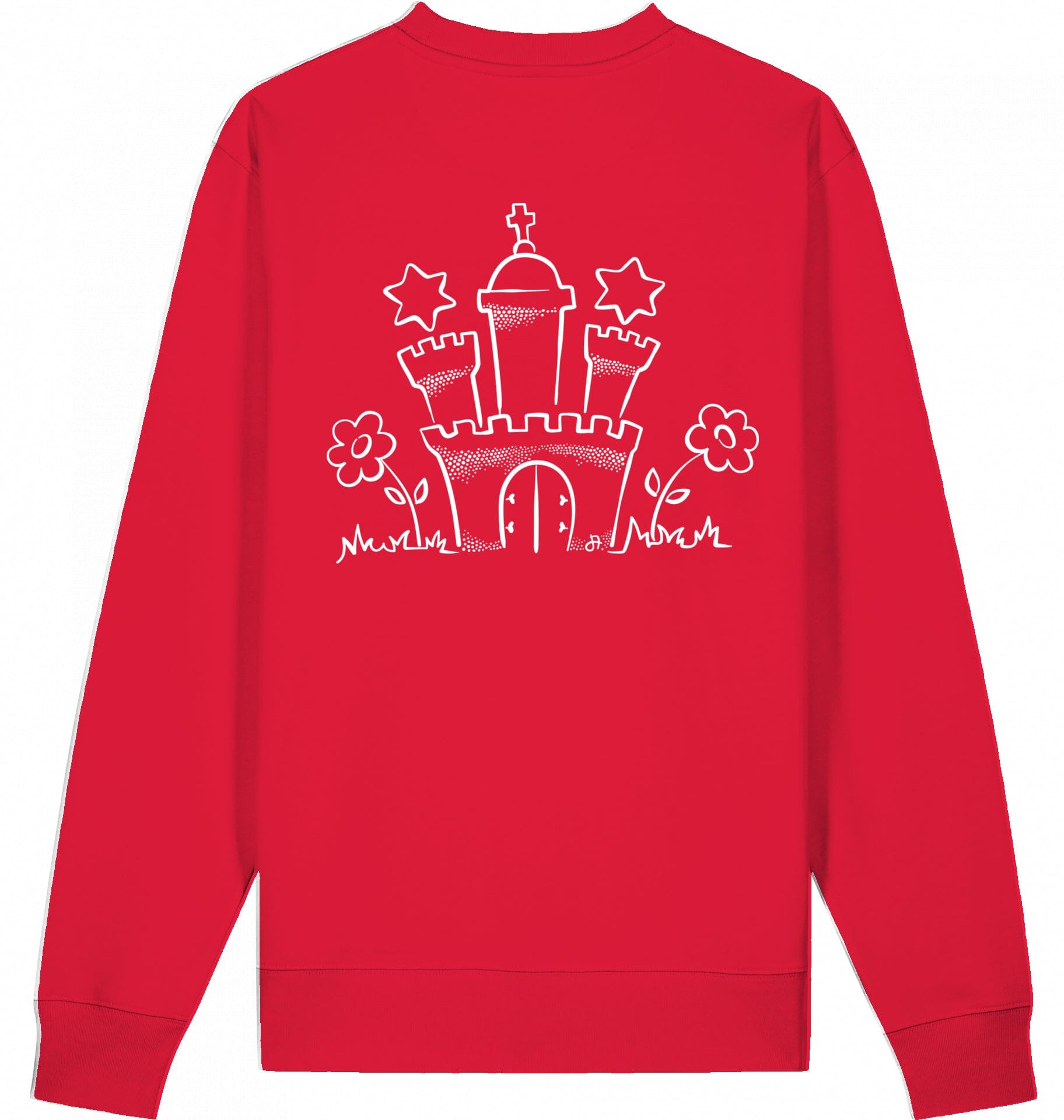 Roter Sweater, Rückansicht, weiße handgezeichnete Schloss- und Blumenillustration mittig