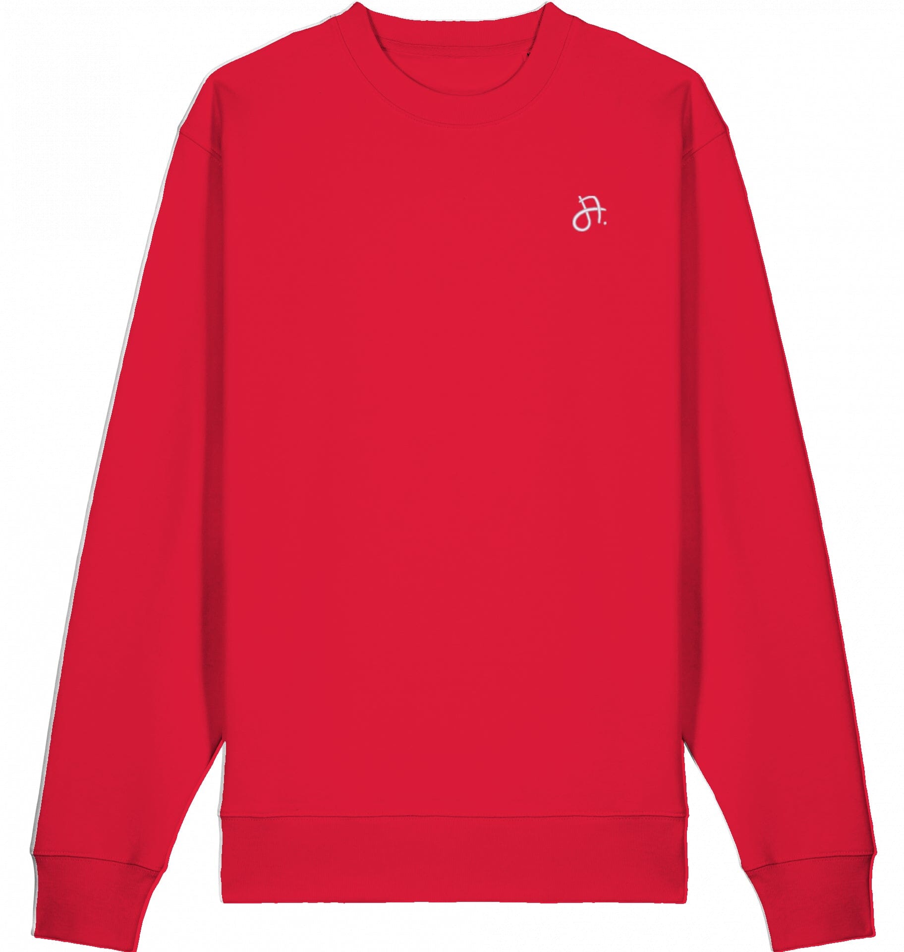 roter Sweater, Vorderansicht, kleines weißes J-Logo links auf der Brust