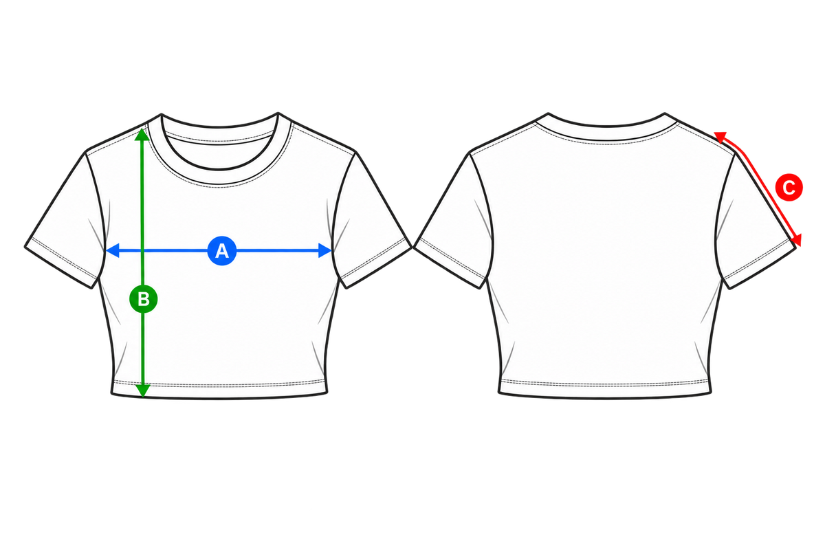 Messskizze für Damen Crop Top: A Brustweite, B Länge, C Ärmellänge