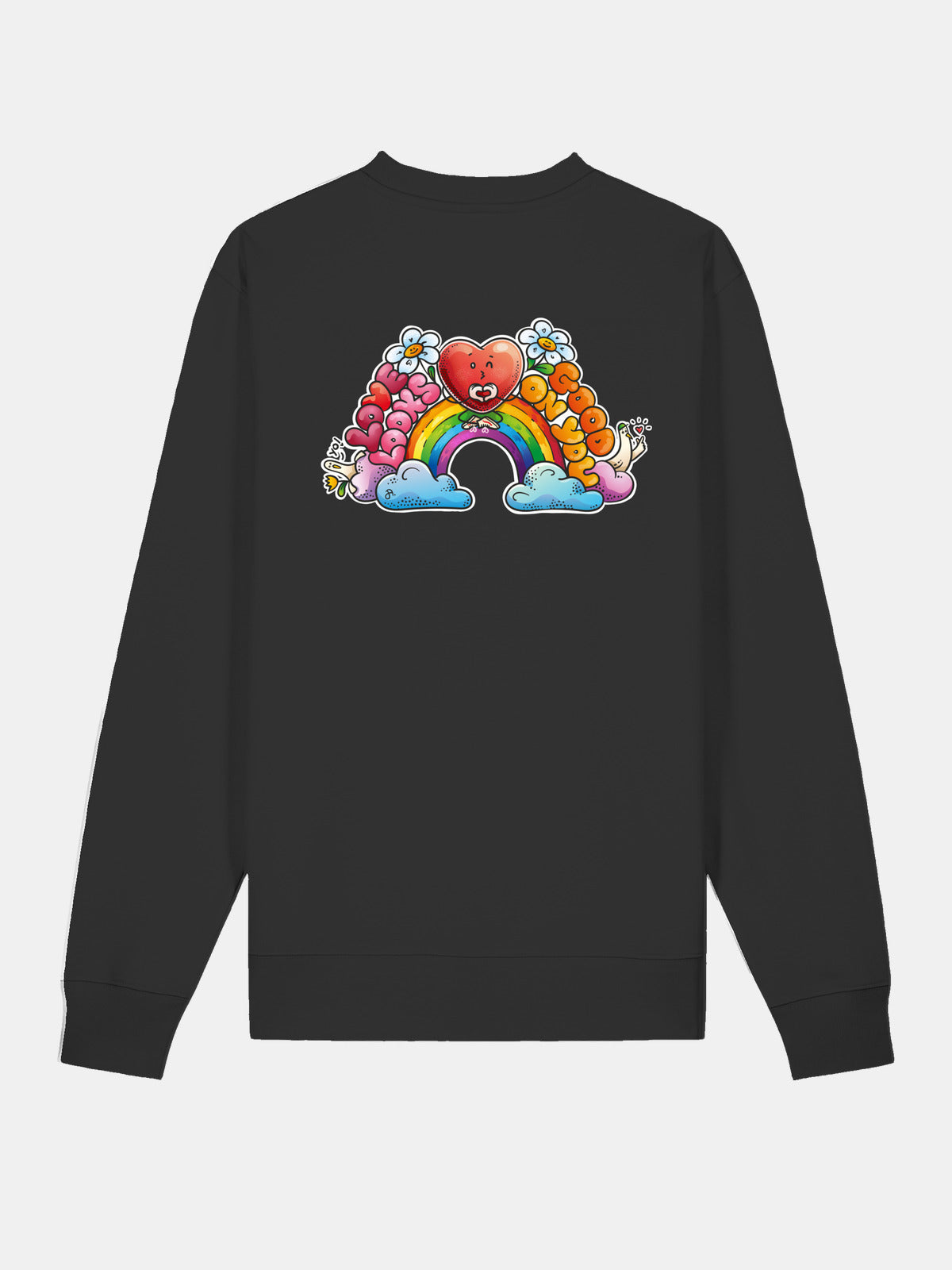 Schwarzer Sweater mit farbigem Regenbogen-Herz-Motiv auf der Rückseite