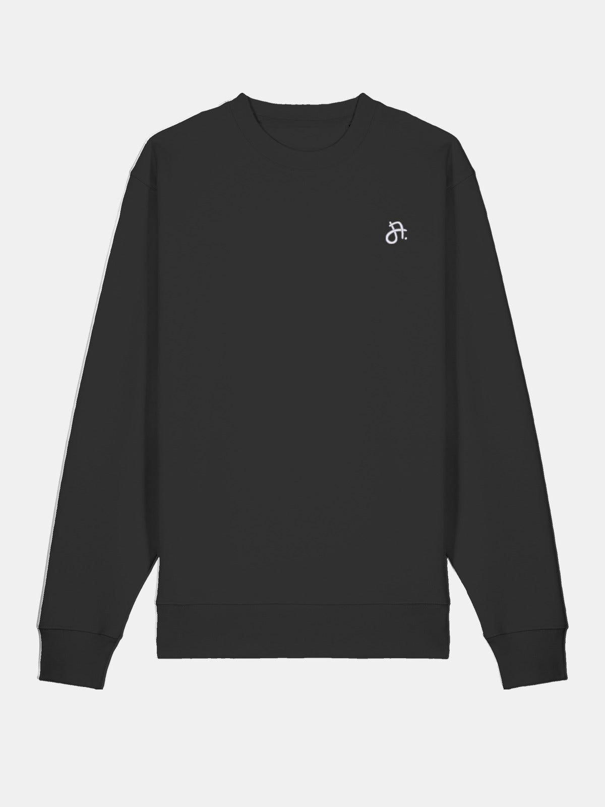 Schwarzer Sweater in Vorderansicht mit kleinem Logo-Print auf der Brust